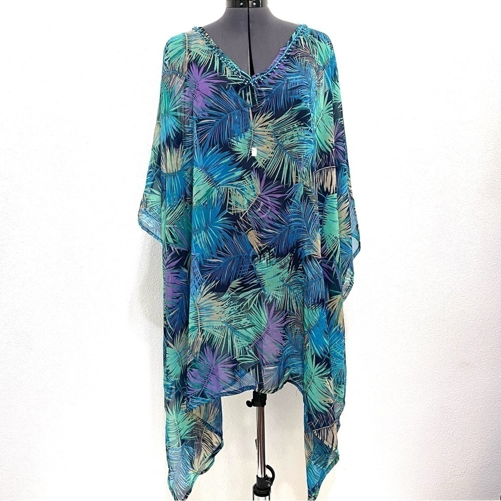 Catherines Woman Palm Tree Texture Beads V Neck Ponco One Size